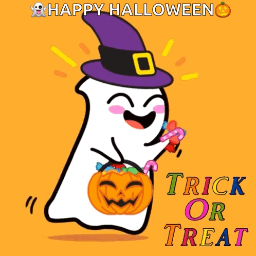 A Ghost In A Witch Hat Is Carrying A Pumpkin Filled With Candy And The Words Trick Or Treat Below It GIF