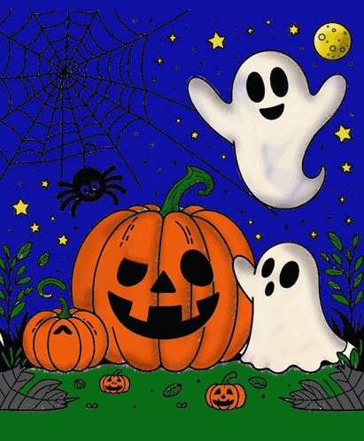 A Ghost Is Standing Next To A Pumpkin And A Spider Web GIF