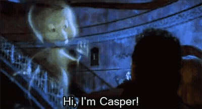 A Ghost Is Talking To A Man In A Dark Room And Says `` Hi , I 'M Casper '' . GIF
