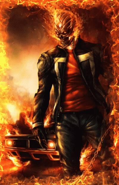 A Ghost Rider Holding A Burning Car In His Hand GIF