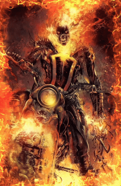 A Ghost Rider Is Riding A Motorcycle In The Flames GIF