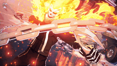 A Ghost Rider With A Chain Around His Neck Is Holding A Sword GIF