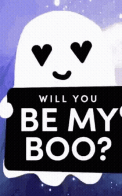 A Ghost With Hearts In Its Eyes Is Holding A Sign That Says `` Will You Be My Boo ? '' GIF