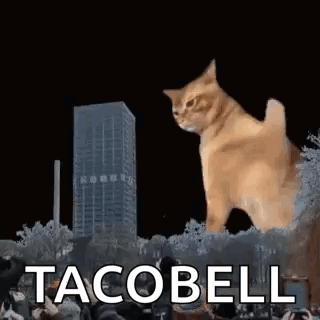 A Giant Cat Is Standing On Top Of A Crowd Of People In Front Of A Building . GIF