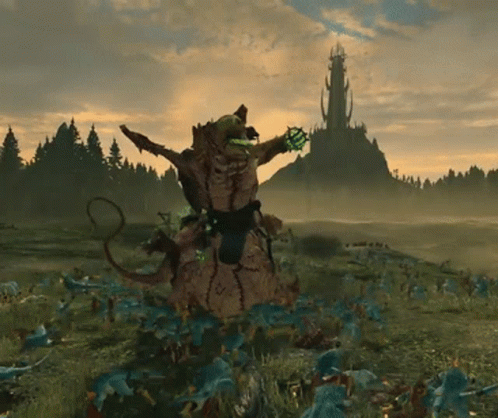 A Giant Monster Is Surrounded By Smaller Monsters And A Castle In The Background GIF