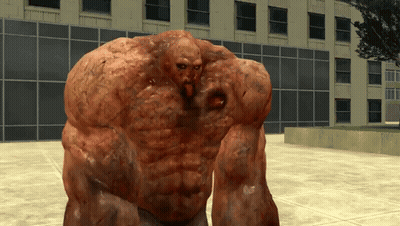 A Giant Monster With A Hole In His Chest Is Standing In Front Of A Building GIF