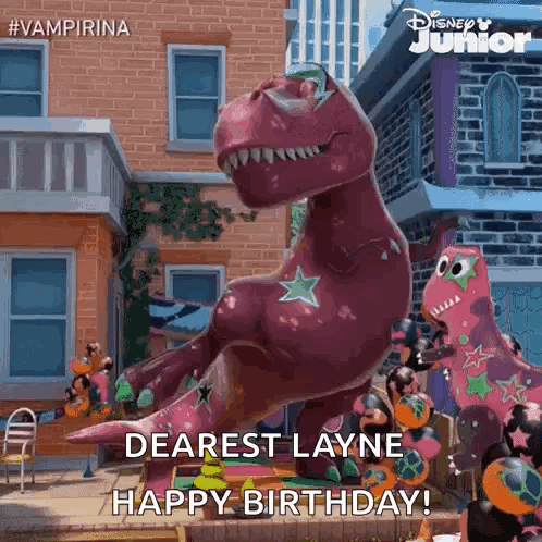 A Giant Purple Dinosaur Is Sitting In Front Of A Brick Building . GIF