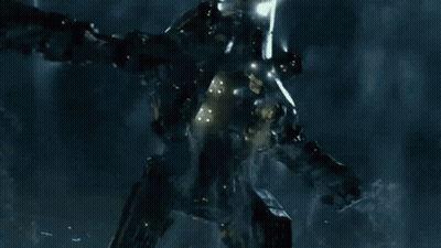 A Giant Robot Is Flying Through The Air In A Dark Sky . GIF