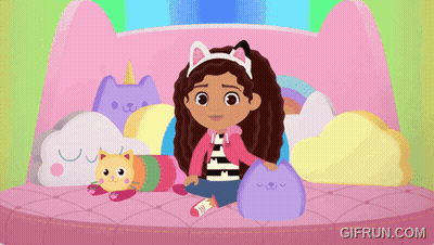 A Gif From Gifrun.com Shows A Girl Sitting On A Bed With A Stuffed Cat GIF
