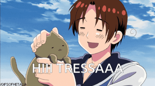 A Gif Of A Boy Petting A Cat With The Words Hhh Tressaaa GIF