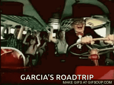 A Gif Of A Man Driving A Bus With The Words Garcia 'S Roadtrip On The Bottom GIF
