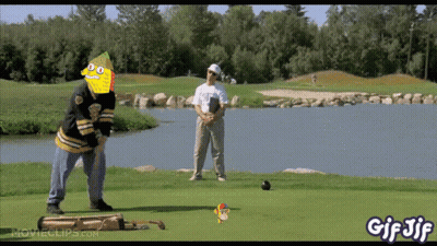 A Gif Of A Man Hitting A Golf Ball With A Spongebob Face On It GIF
