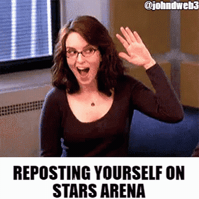 A Gif Of A Woman Waving With The Words Reposting Yourself On Stars Arena Below Her GIF