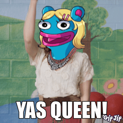 A Gif Of A Woman With A Cartoon Character On Her Head And The Words Yas Queen GIF