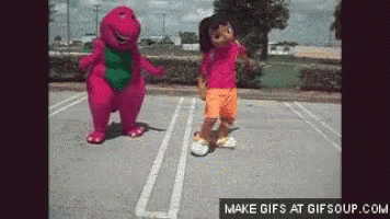 A Gif Of Barney And Dora Doing A Dance In A Parking Lot GIF