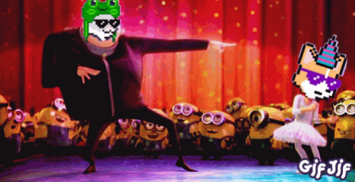 A Gif Of Despicable Me Characters Dancing On A Stage With The Words Gif Jif Below Them GIF
