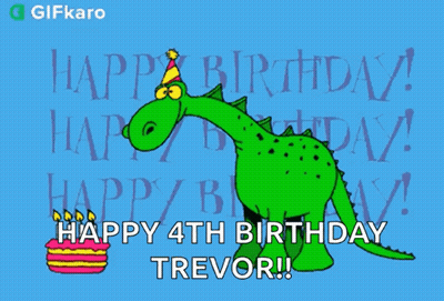 A Gifkaro Greeting Card With A Green Dinosaur Eating A Cake GIF