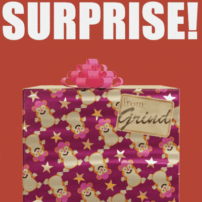 A Gift Wrapped In Purple Paper With A Label That Says Grind GIF
