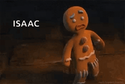 A Gingerbread Man From Shrek Is Holding A Stick In His Hand And Says Isaac . GIF