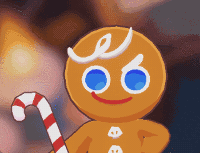 A Gingerbread Man Is Holding A Candy Cane In His Hand GIF