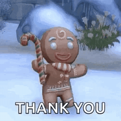 A Gingerbread Man Is Holding A Candy Cane In The Snow And Saying Thank You . GIF
