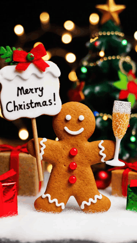 A Gingerbread Man Is Holding A Glass Of Champagne And A Sign That Says Merry Christmas GIF