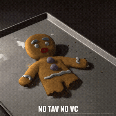 A Gingerbread Man Is Laying On A Pan With The Words No Tav No Vc Written Below It GIF