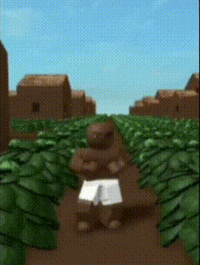 A Gingerbread Man Is Standing In A Field Of Green Leaves GIF