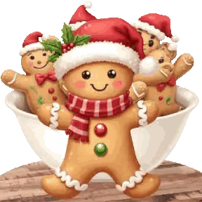 a gingerbread man wearing a santa hat and scarf stands in a bowl of gingerbread men