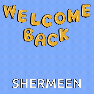 A Giraffe Wearing Glasses And A Hat Is Sitting In A Chair With The Words Welcome Back Shermeen Above Him GIF