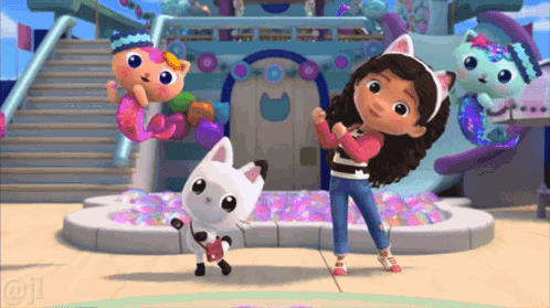 A Girl And A Cat Are Dancing In Front Of A Slide GIF