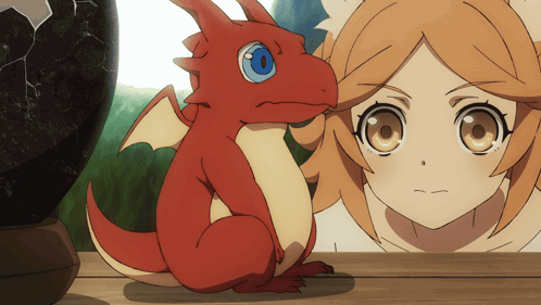 A Girl And A Red Dragon With Blue Eyes GIF