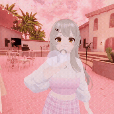 A Girl Blowing A Bubble Gum In Front Of A Pink House GIF