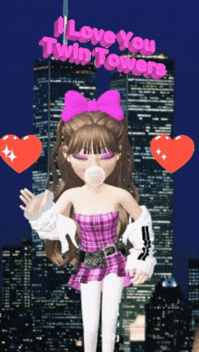 A Girl Blowing A Bubble With The Words " I Love You Twin Towers " Above Her GIF