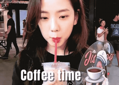 A Girl Drinking A Cup Of Coffee With A Red Straw And The Words Coffee Time Written On The Bottom GIF