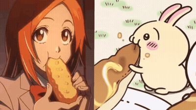 A Girl Eating A Fried Chicken Nugget Next To A Cartoon Of A Bunny GIF