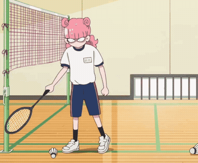 A Girl Holding A Badminton Racquet With A Name Tag That Says ' Aoyama ' On It GIF