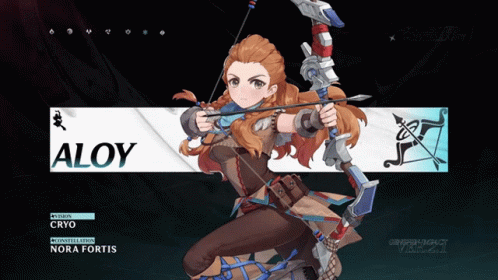 A Girl Holding A Bow And Arrow With The Name Aloy On It GIF