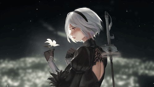 A Girl Holding A Flower And A Sword In Her Hand GIF
