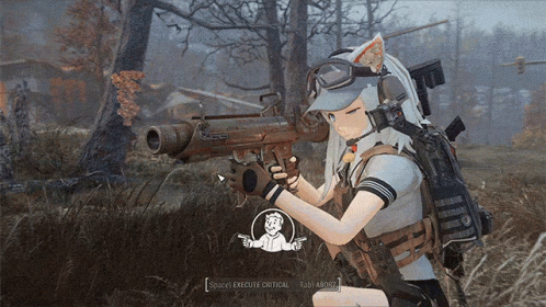 A Girl Holding A Gun In A Video Game That Says ' Spooky Execute Critical ' On The Bottom GIF