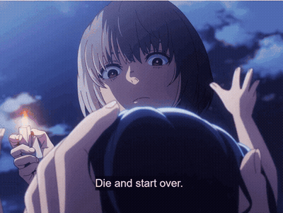 A Girl Holding A Lighter With The Words Die And Start Over Underneath Her GIF