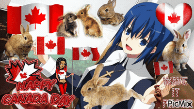 A Girl Holding A Rabbit In Front Of A Canadian Flag And The Words Happy Canada Day GIF
