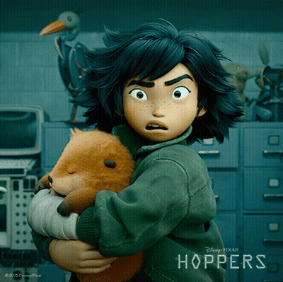 A Girl Holding A Stuffed Animal With The Word Hoppers On The Bottom GIF