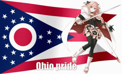 A Girl Holding A Sword In Front Of An Ohio Flag That Says Ohio Pride GIF