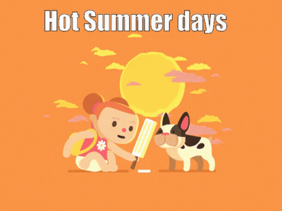 A Girl Holding An Ice Cream Cone Next To A Dog With The Words Hot Summer Days Above Them GIF