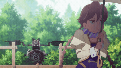 A Girl Holding An Umbrella Stands In Front Of A Robot GIF