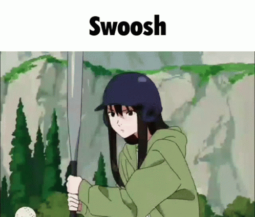 A Girl In A Baseball Helmet Is Swinging A Bat And The Word Swoosh Is Above Her . GIF