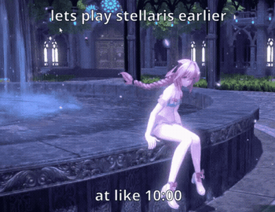 A Girl In A Bathing Suit Sits In Front Of A Fountain With The Words Lets Play Stellaris Earlier At Like 10:00 Below Her GIF