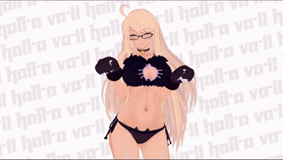 A Girl In A Bikini Stands In Front Of A Wall That Says Hall-A-Var-Ll GIF