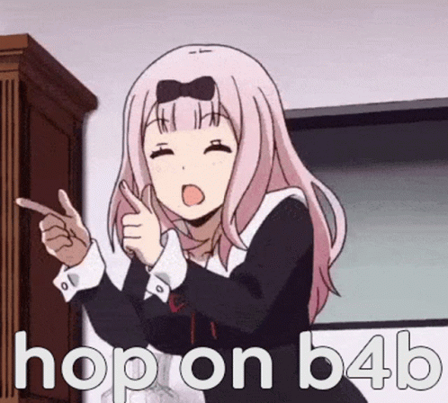 A Girl In A Black And White Dress Is Pointing At The Camera And Says `` Hop On B4b '' . GIF